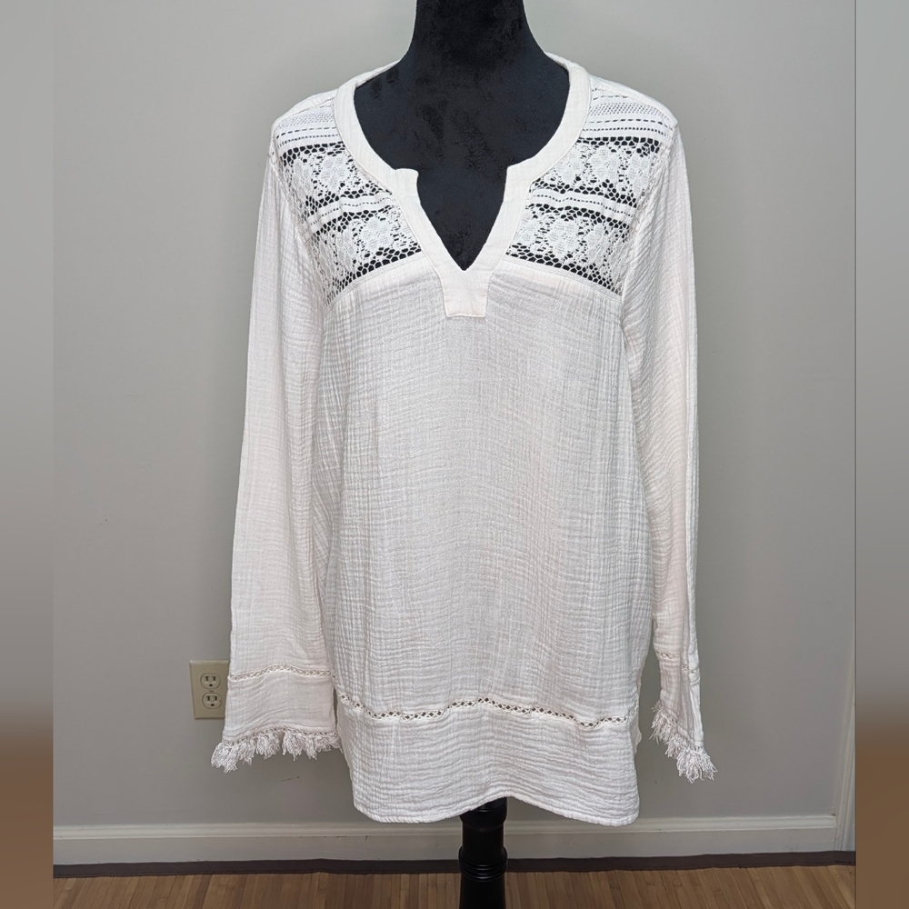 beachlunchlounge Cotton Gauzey XL White Frilled Longsleeve Top